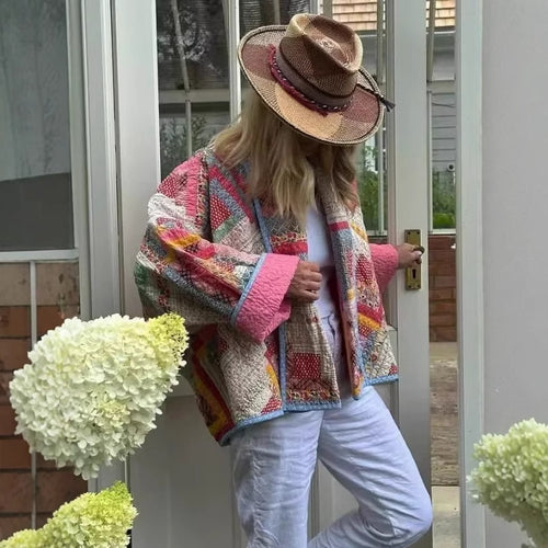 Quilted patchwork jacket for women with a colorful design and practical pockets Amarae