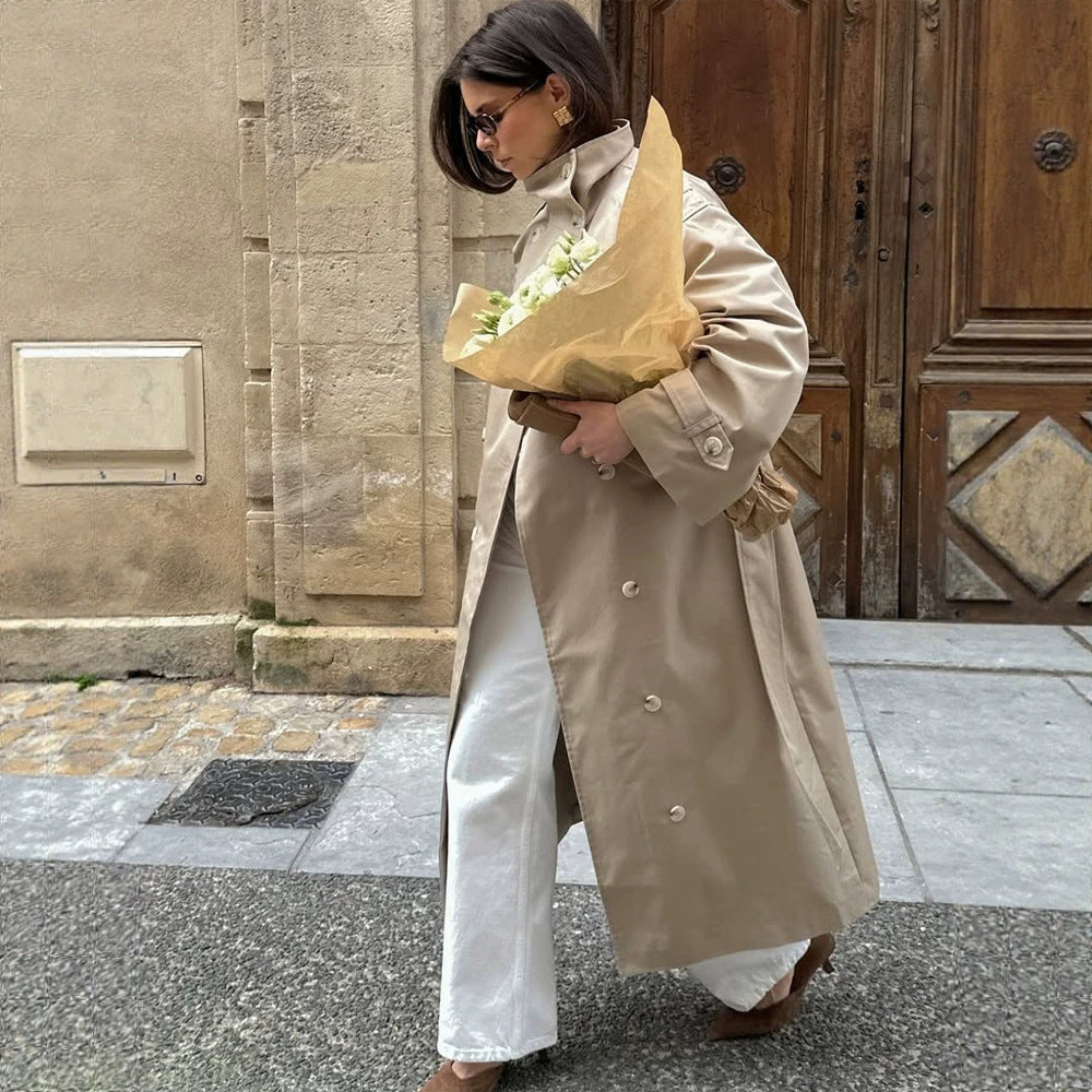 Women’s maxi trench coat with high stand-up collar, double-breasted button placket & waist belt Amarae