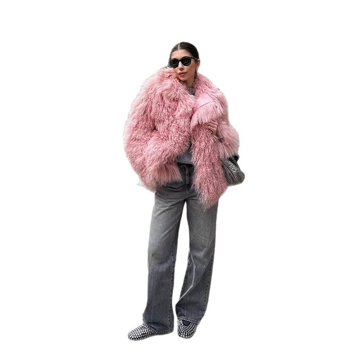 Women Short Cut Shaggy Faux Fur Coat with voluminous Shawl Collar and Oversized Silhouette Amarae