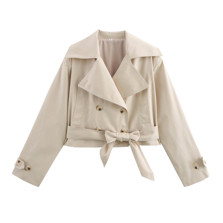 Elegant cropped trench coat for women with stylish button details and a chic belt detail