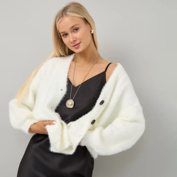 Women Plush Cardigan with Deep V Neckline and Button Details Lune London