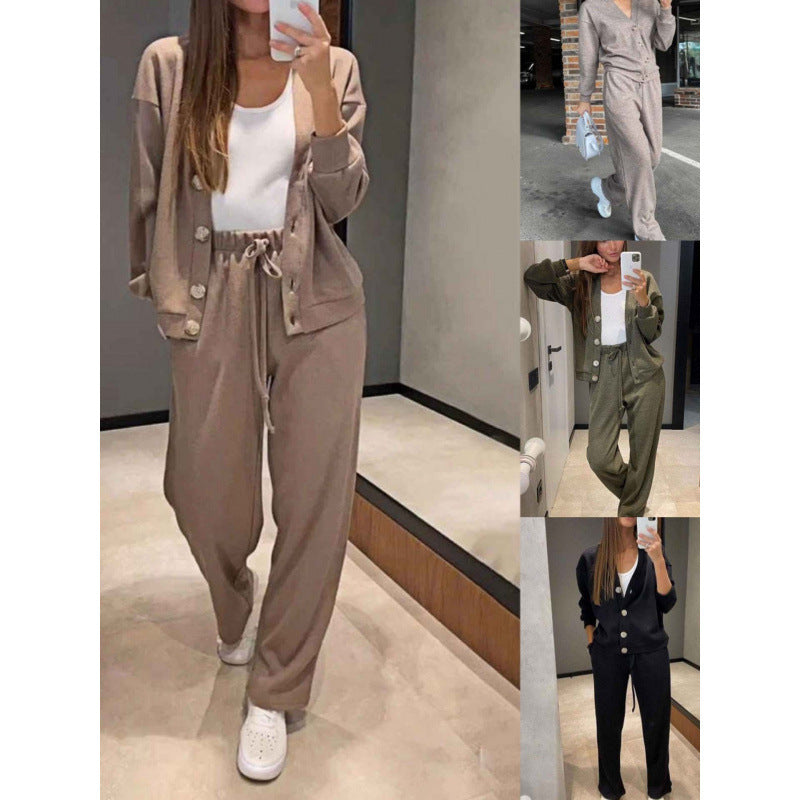 Women's Knit Loungewear Set with V-Neck Cardigan and Wide Drawstring Pants Amarae