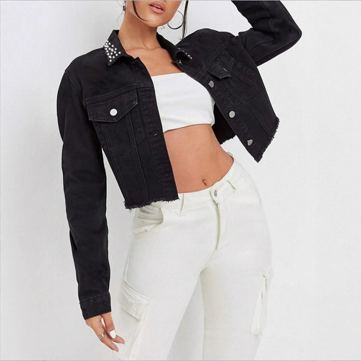Women's Cropped Denim Jacket with Studded Collar, Frayed Hem and Flap Pockets Amarae