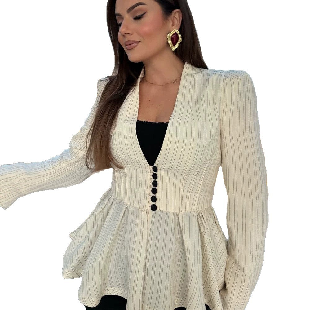 Women's Tailored Peplum Blazer with V-Neck and Decorative Button Placket Amarae