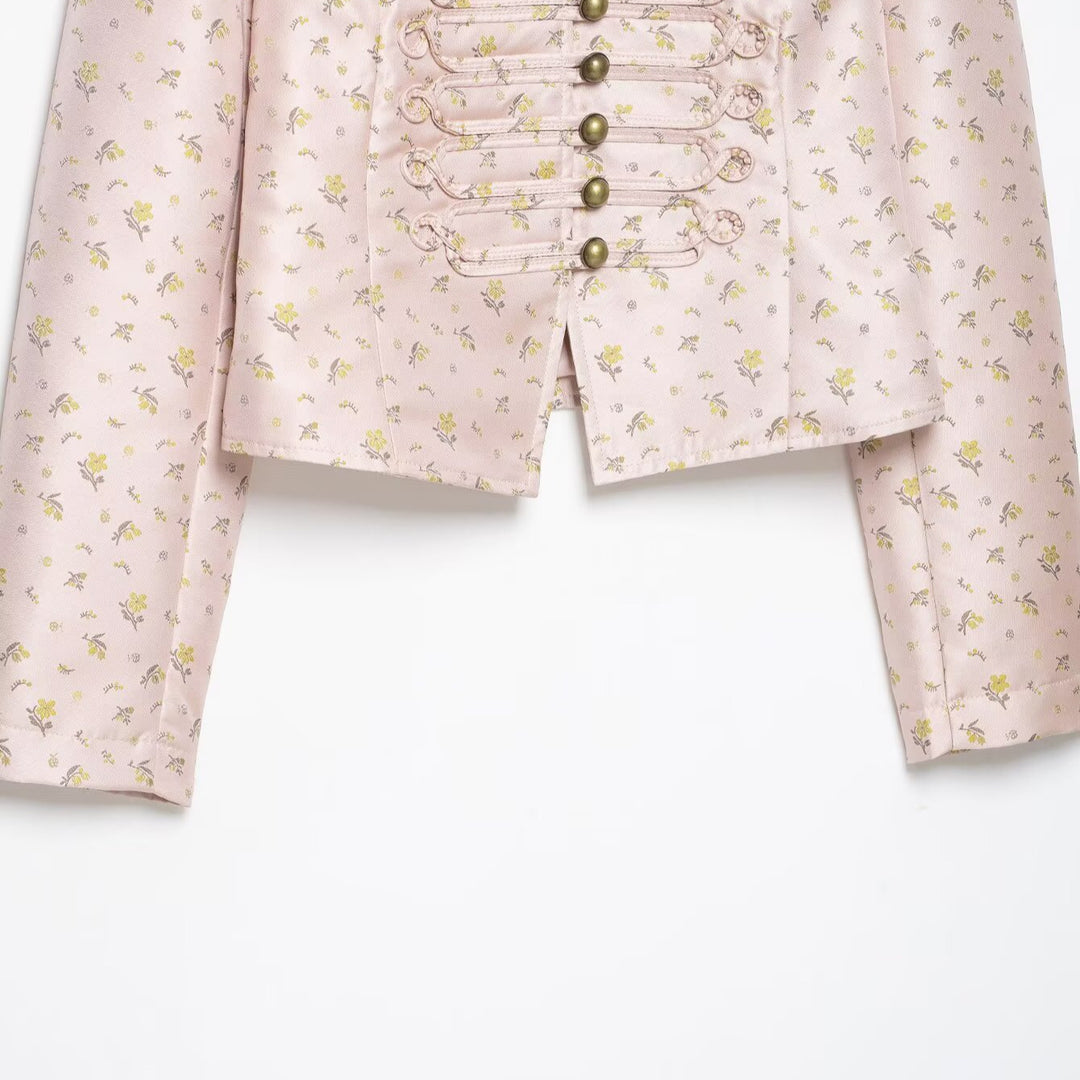 Women Cropped Satin Military Jacket with Stand-Up Collar and Decorative Frog Closure Amarae