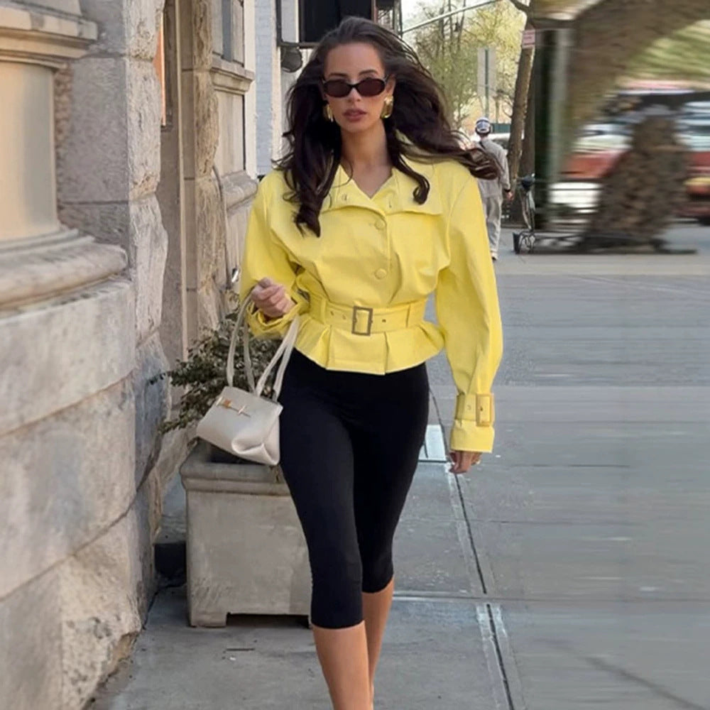 Women's short jacket with waist belt, high stand-up collar, and decorative cuffs Amarae