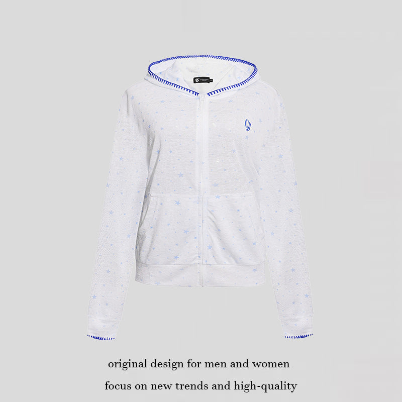 Women's Lightweight Hooded Zip Cardigan with Allover Stars and Decorative Stitching