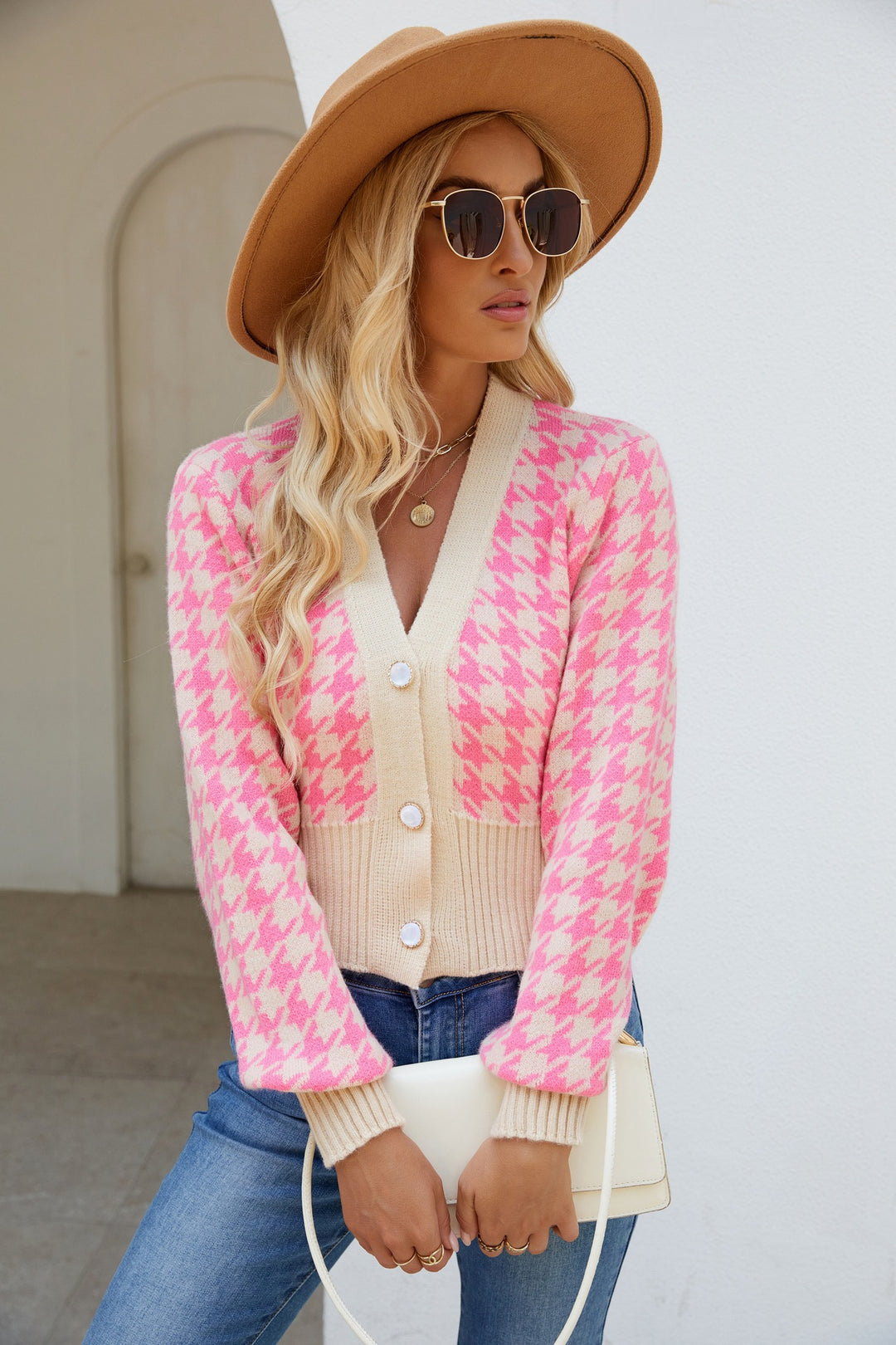 Ladies fashionable cardigan sweater with a trendy houndstooth pattern Lune London