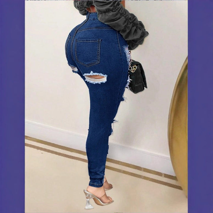 Ladies high-waisted skinny jeans with XXL knee cutouts, heavily distressed used look and sculpting cut Amarae
