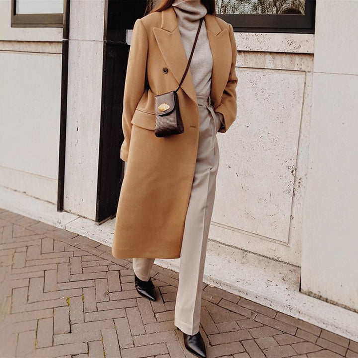 Ladies Long Wool Coat with Double-breasted and Wide Lapel Lune London
