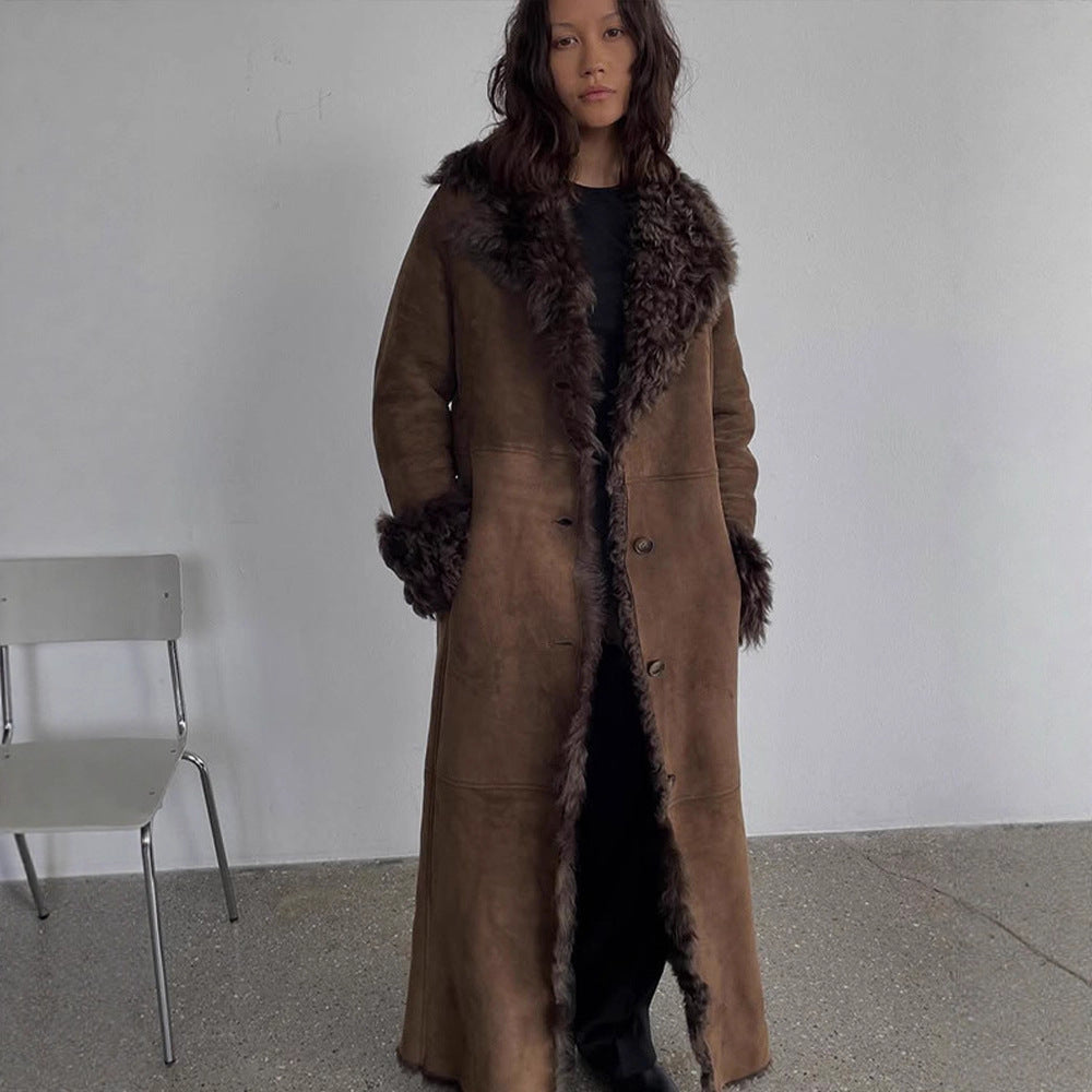 Women's Maxi-Length Faux Velvet Coat in Shearling Style with Shawl Collar and Button Placket Amarae