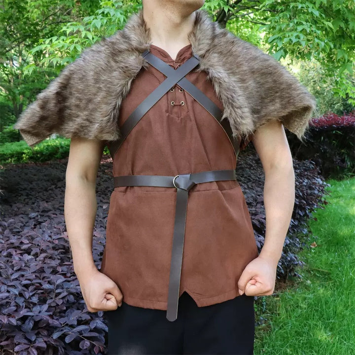 Men's shoulder cape made of faux fur with buckle closure and rustic Viking look Amarae
