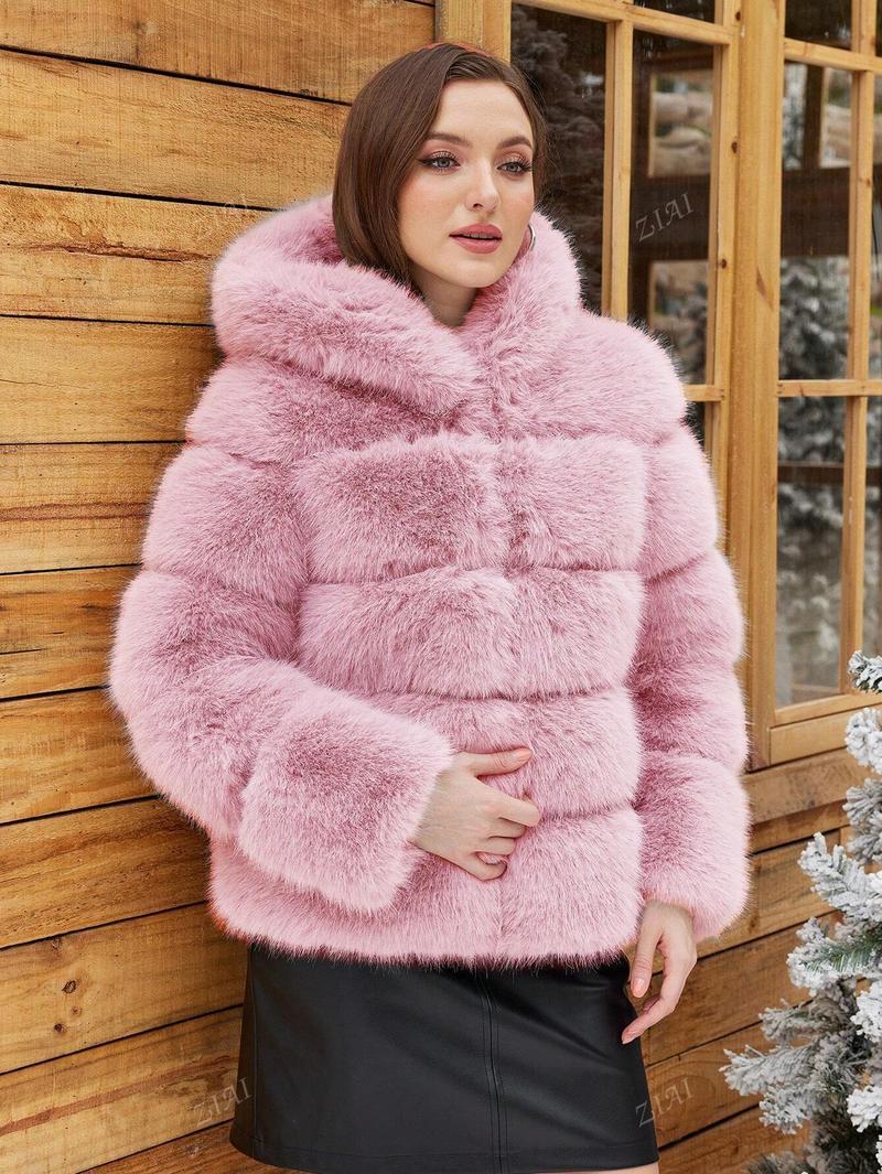 Ladies Trendy Faux Fur Jacket with Hood Lune London
