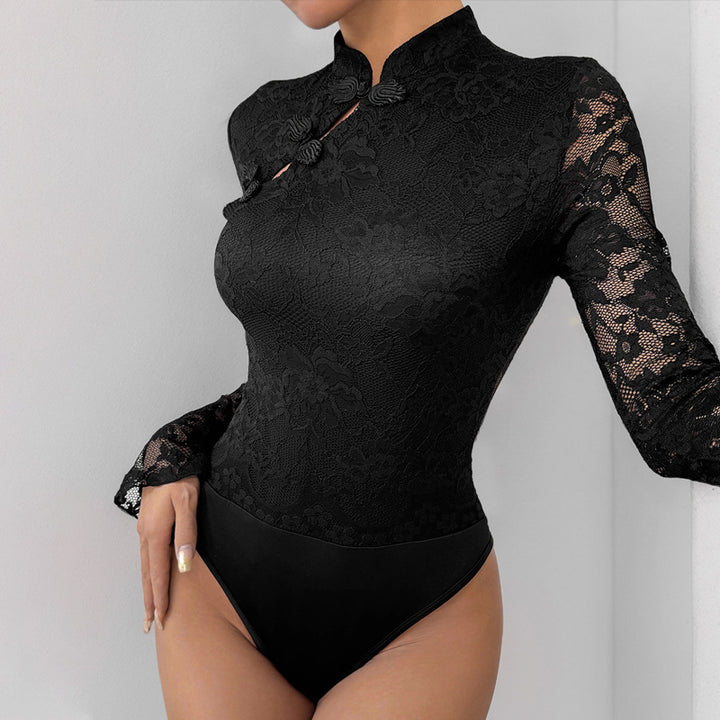 Lace bodysuit for women with mandarin collar detail Lune London