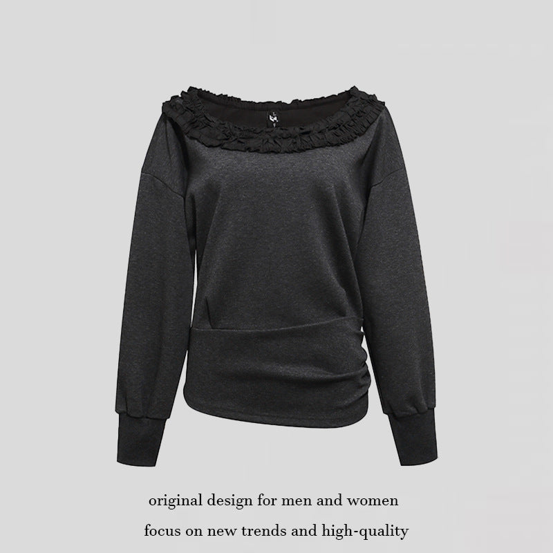 Women's sweatshirt with off-the-shoulder neckline, lace ruffle, and side gathers Amarae