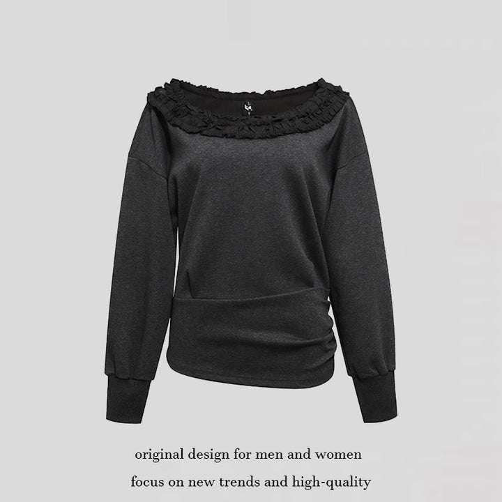 Women's sweatshirt with off-the-shoulder neckline, lace ruffle, and side gathers Amarae