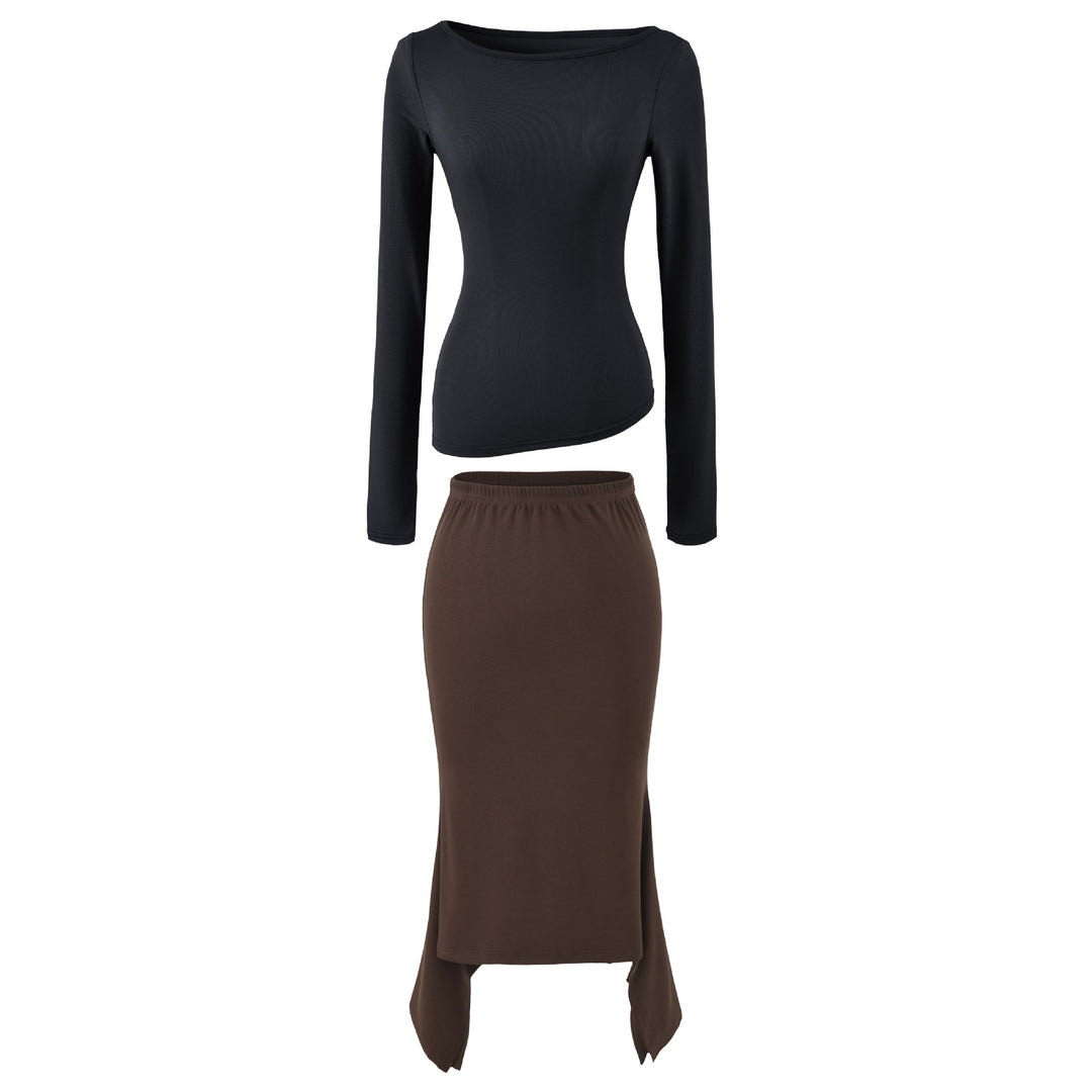 Women's Two-Piece Set with Fitted Long Sleeve Top and Maxi Skirt with Slit Amarae