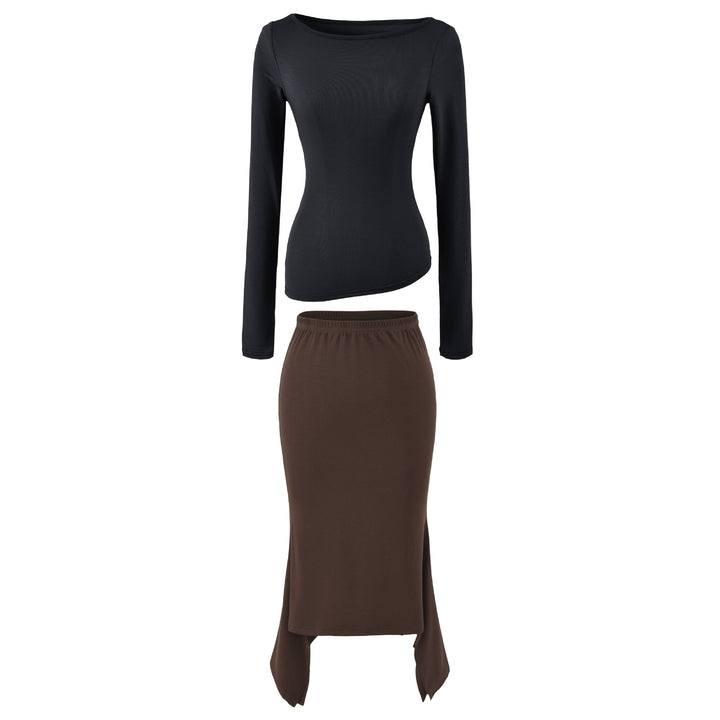 Women's Two-Piece Set with Fitted Long Sleeve Top and Maxi Skirt with Slit Amarae