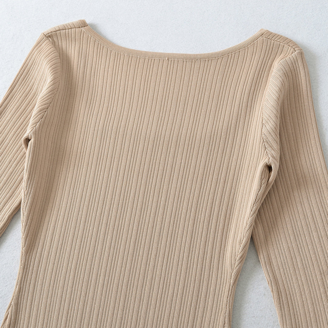 Women's Ribbed Midi Dress with Square Neckline and Three-Quarter Sleeves Amarae