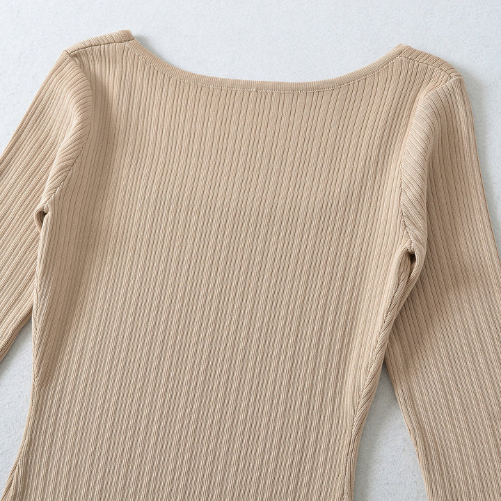 Women's Ribbed Midi Dress with Square Neckline and Three-Quarter Sleeves Amarae