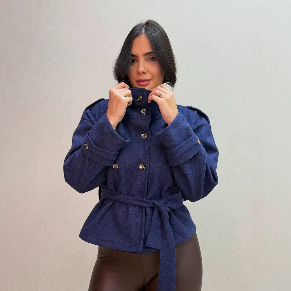 Women Short Double-Breasted Coat with Stand Collar and Tied Belt Amarae