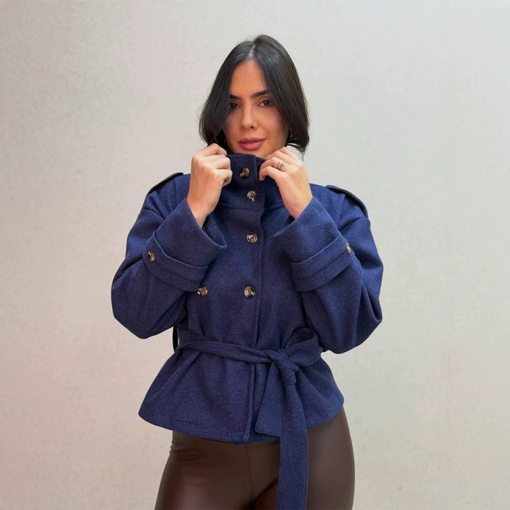 Women Short Double-Breasted Coat with Stand Collar and Tied Belt Amarae