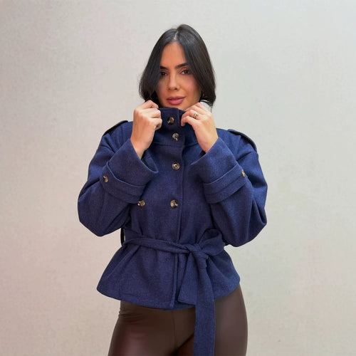 Women Short Double-Breasted Coat with Stand Collar and Tied Belt Amarae