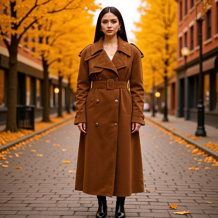 Women Longer tailored double-breasted wool blend trench coat with belt and shawl collar Amarae