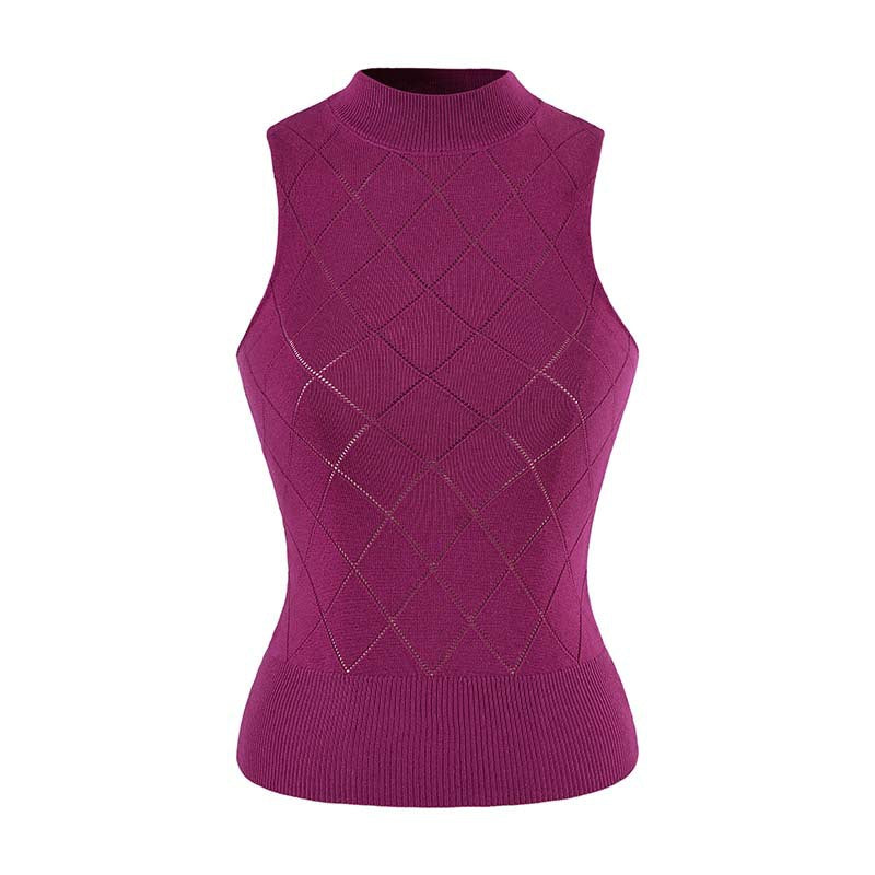 Women's Sleeveless Fine Knit Vest with Stand-Up Collar and Tailored Diamond Pattern Amarae