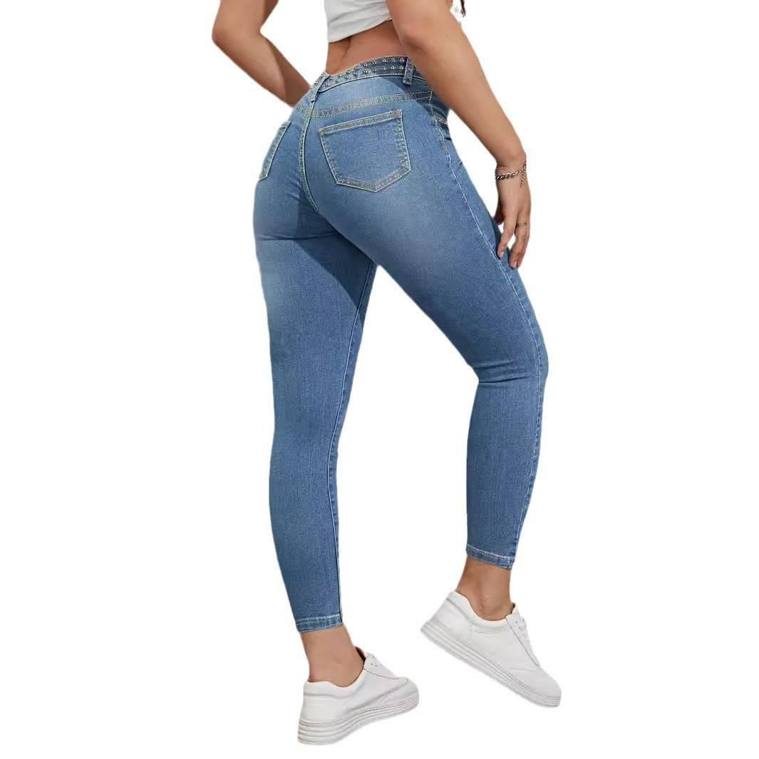 Ladies high-waisted skinny jeans with rhinestone embellishments and ankle-length cut Amarae