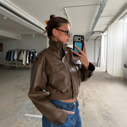 Women's Short Utility Bomber Jacket made of Vegan Leather with High Stand-Up Collar Amarae