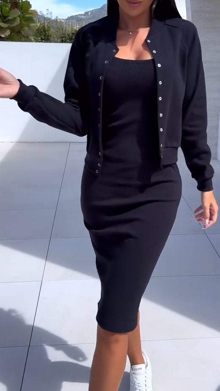 Sporty outfit for women with casual jacket and Lune London dress
