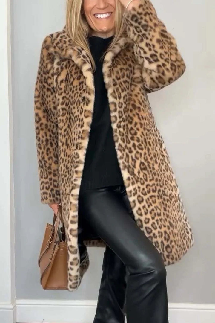 Ladies Leopard Print Faux Fur Jacket with High Collar Lune London