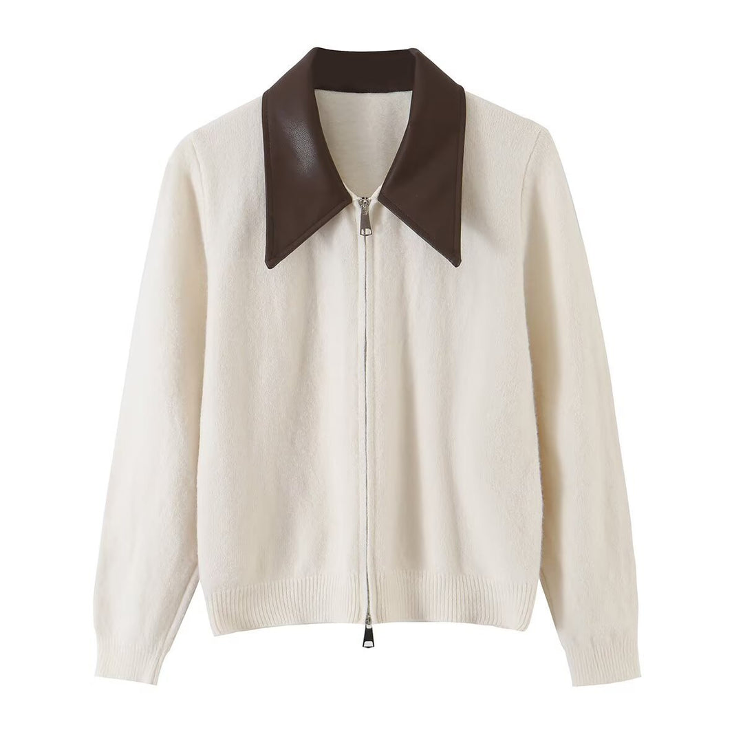 Women Short Wool Blend Cardigan with Zipper and Contrasting Faux Leather Collar Amarae