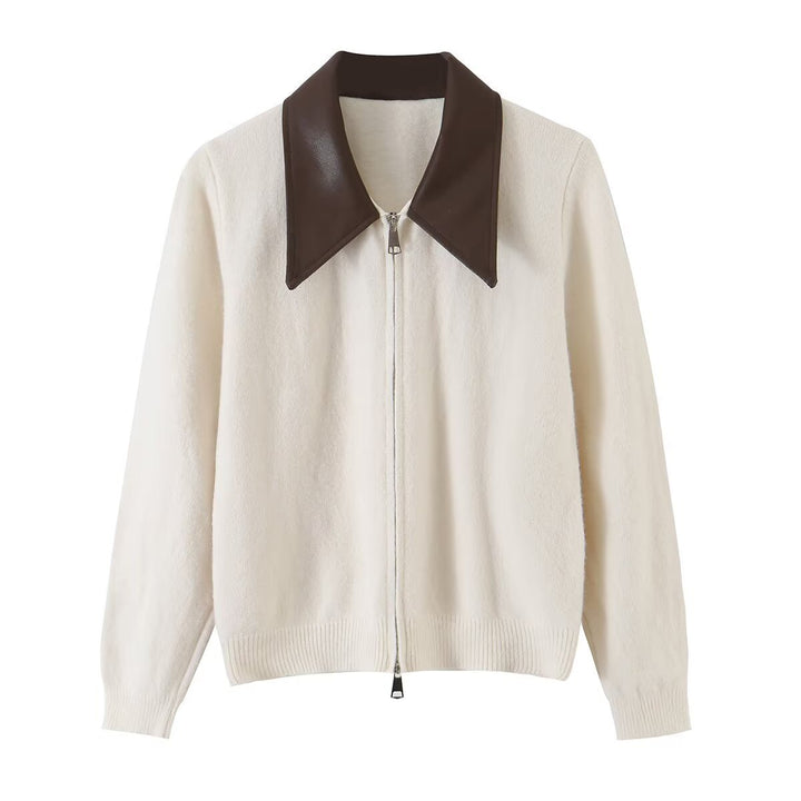 Women Short Wool Blend Cardigan with Zipper and Contrasting Faux Leather Collar Amarae