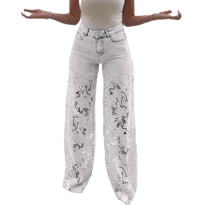 Women Elegant Wide Leg Jeans with Floral Lace Insert Lune London