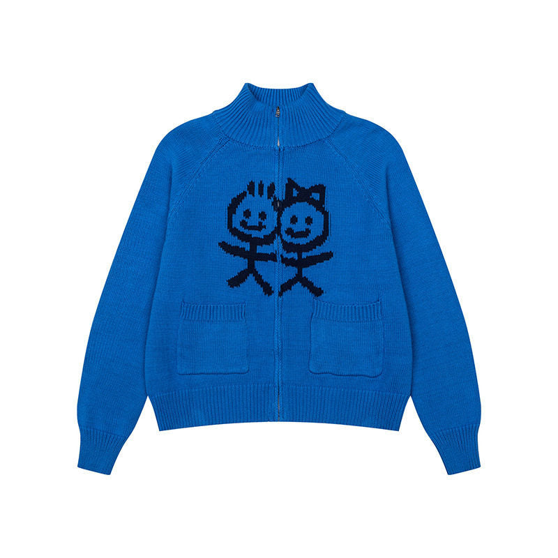 Women's chunky knit zip cardigan with stand-up collar, patch pockets and cartoon intarsia Amarae