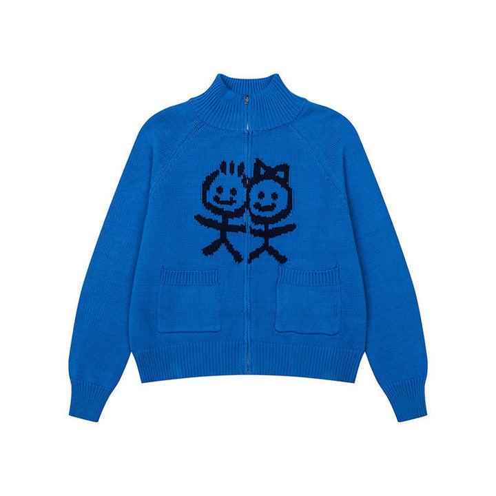 Women's chunky knit zip cardigan with stand-up collar, patch pockets and cartoon intarsia Amarae