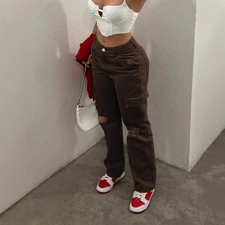 Women's cargo jeans with high waist, straight leg, knee rips, and patch cargo pockets Amarae
