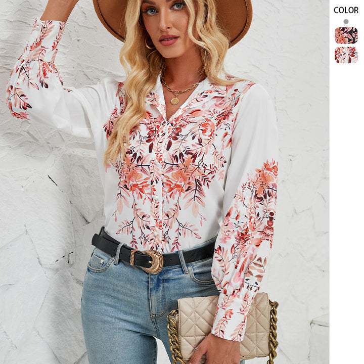 Women's Elegant Blouse with Floral Design and Voluminous Sleeves