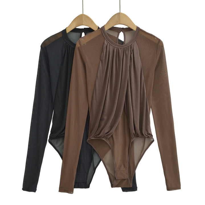 Women's Draped Mesh Bodysuit with Gathered Front