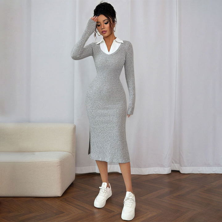 Robe longue ajustée pour femmes avec col polo tendance et fente sur le côté Chic & Stil