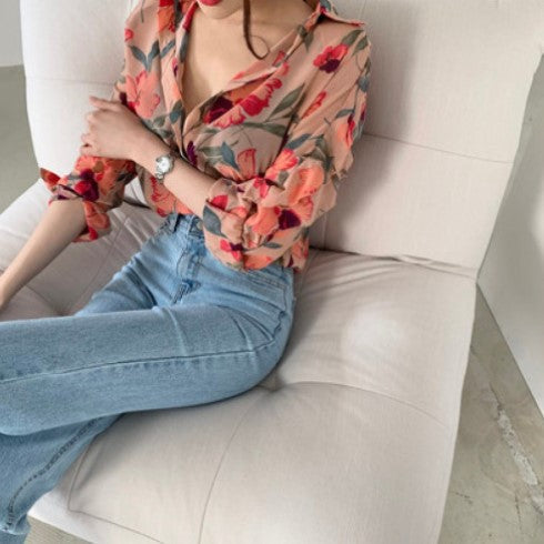 Ladies Chiffon Printed Floral Buttoned Blouse Amarae
