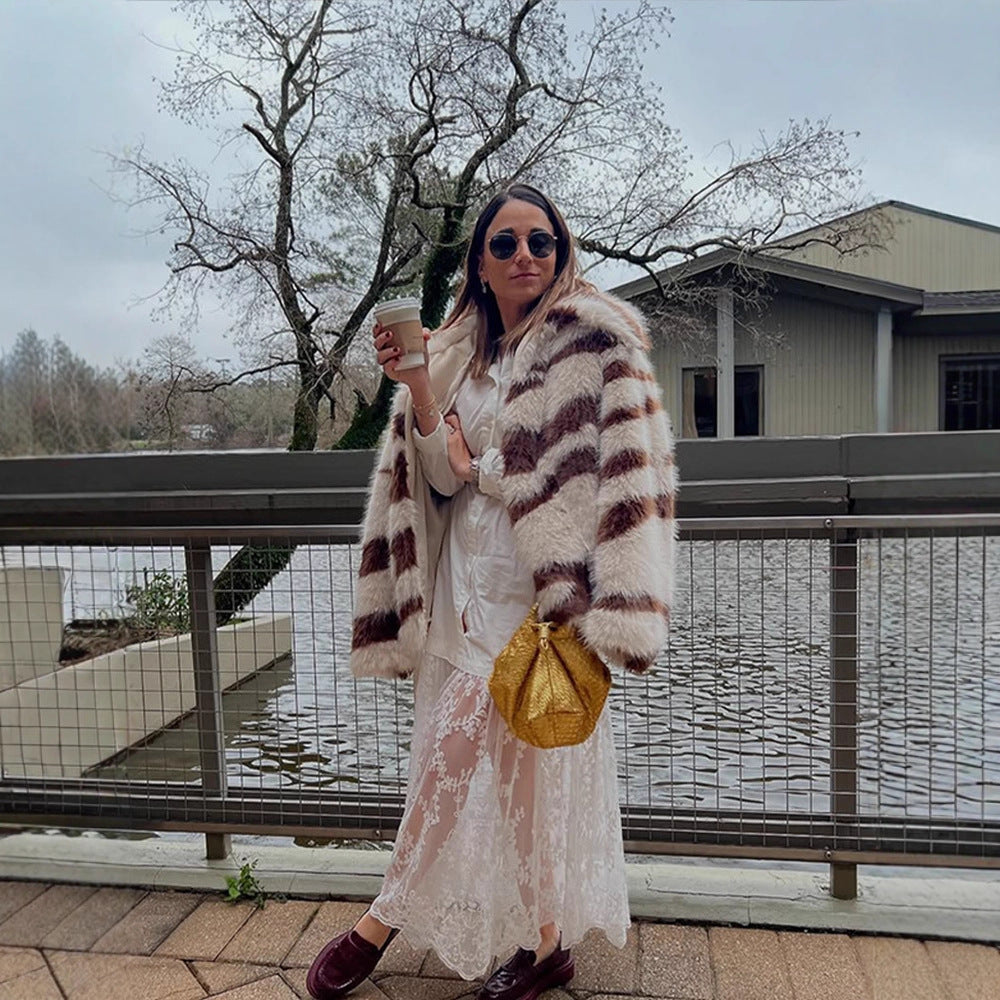 Women Striped Oversize Faux Fur Coat with Short Boxy Cut Amarae