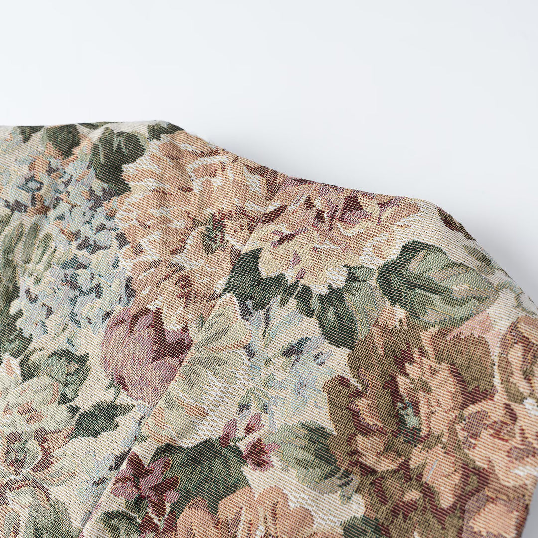Women's elegant brocade waistcoat with floral jacquard texture, decorative buttons, and lace trim Amarae