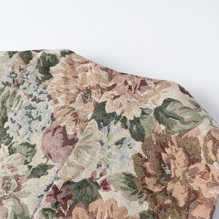 Women's elegant brocade waistcoat with floral jacquard texture, decorative buttons, and lace trim Amarae