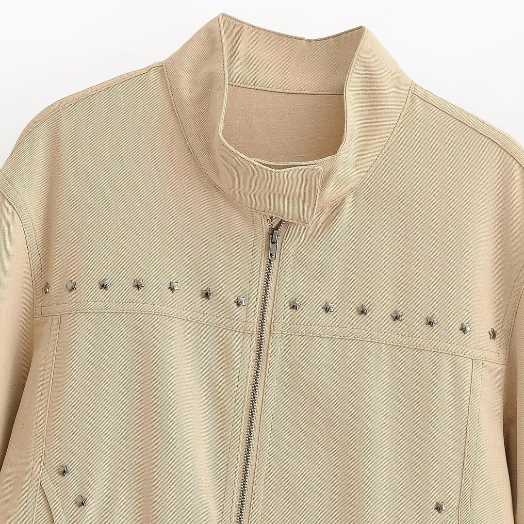 Women’s short-cut vegan leather jacket with stand-up collar, full-length zipper and star stud detail Amarae