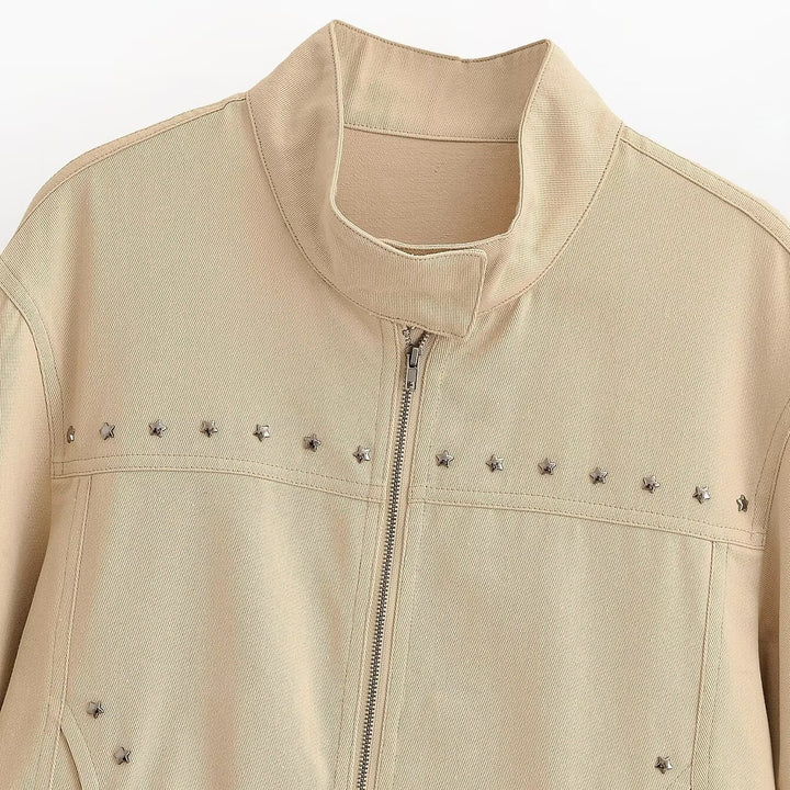 Women’s short-cut vegan leather jacket with stand-up collar, full-length zipper and star stud detail Amarae