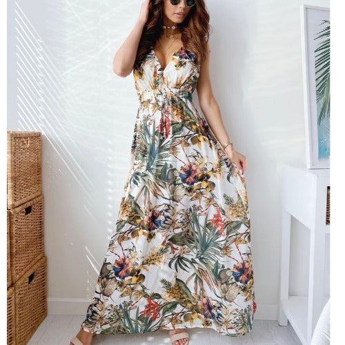 Maxi dress with tropical print for women with adjustable belt Lune London