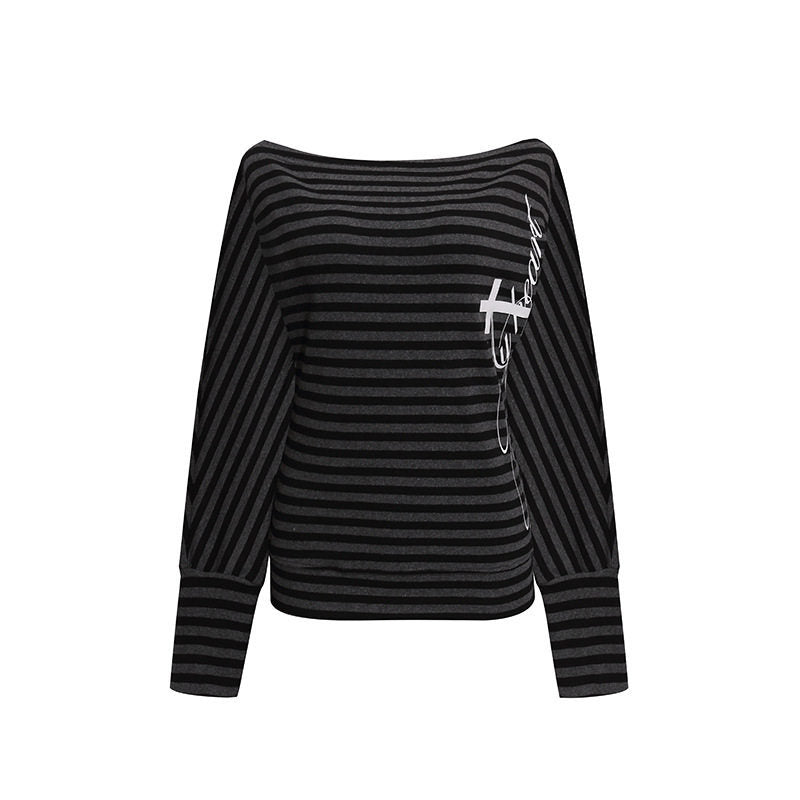 Women's Figure-hugging Striped Long Sleeve Shirt with Wide Boat Neck and Cropped Batwing Sleeves Amarae